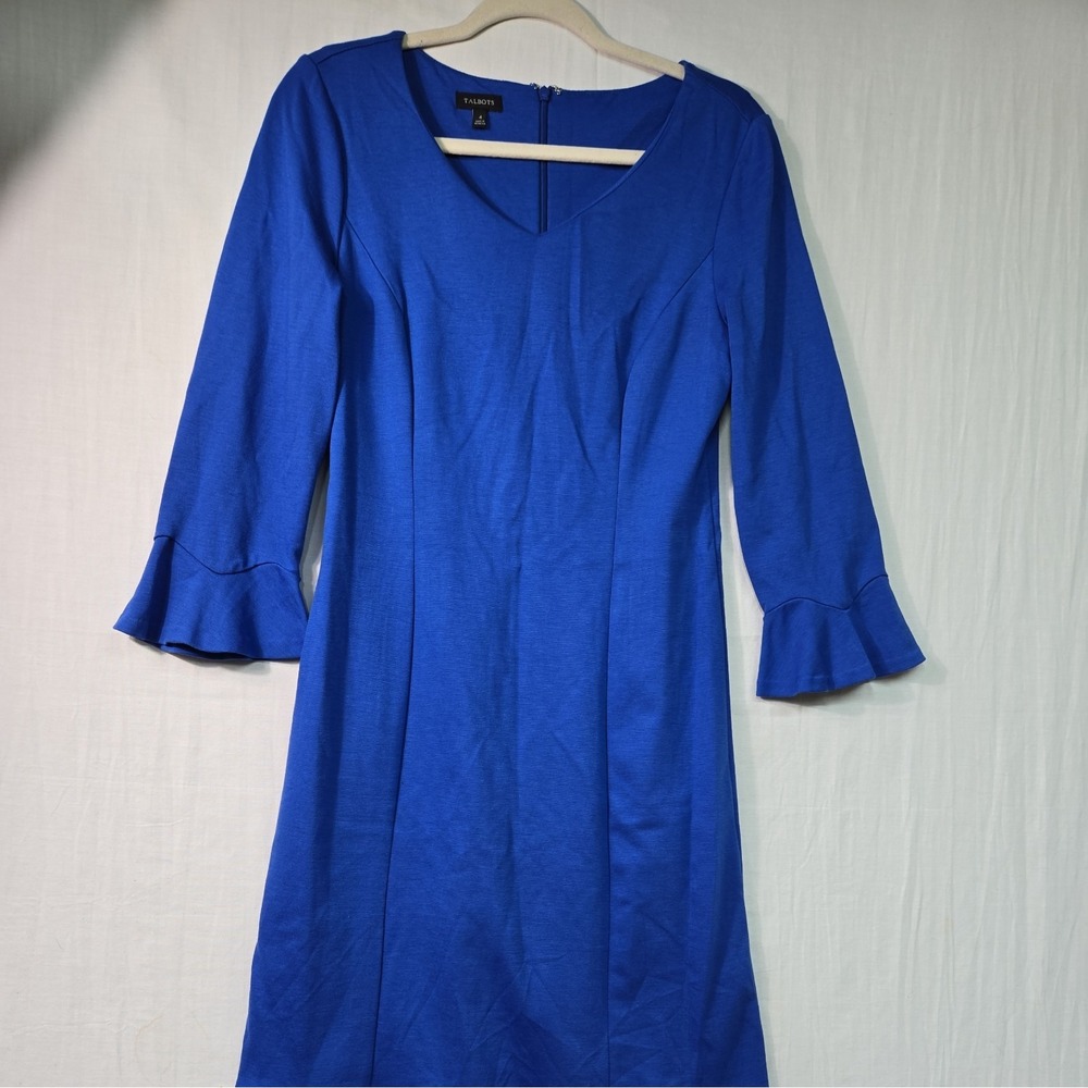 Talbots Women's 4 Royal Blue Sheath Dress Bell Sleeves V Neckline Midi Length